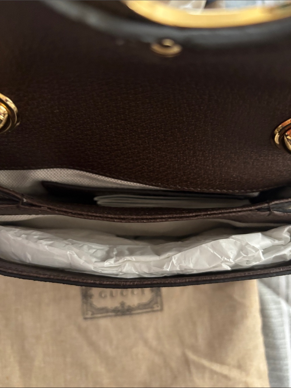 Gucci Brown GG Canvas Shoulder Bag with Gold Heart Logo and Chain Handle - Picture 12 of 13